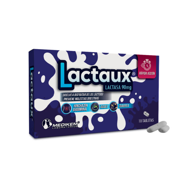 Lactaux Tabletas de Medikem, suplemento digestivo para prevenir molestias tras consumir leche y derivados.