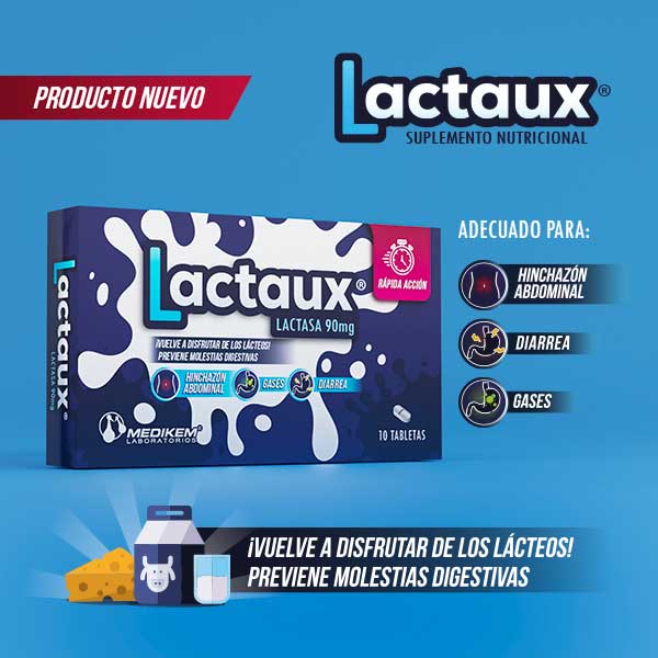 Lactaux Tabletas de Medikem, suplemento digestivo para prevenir molestias tras consumir leche y derivados.
